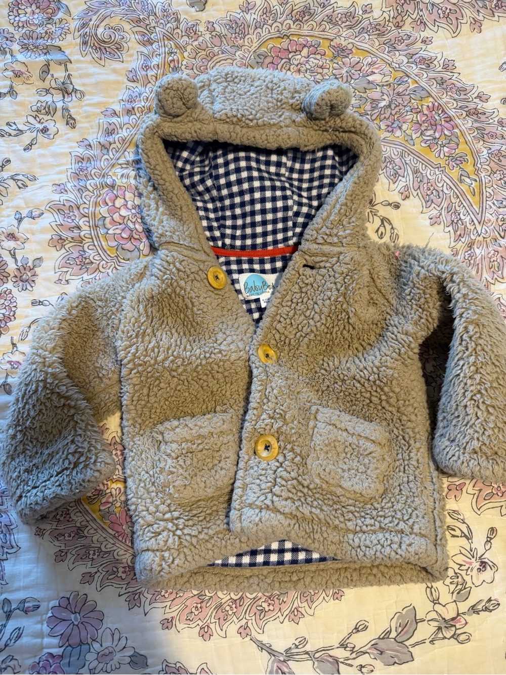 Baby Boden Tan Sherpa Jacket with Navy Gingham Lining